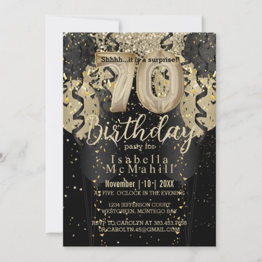 Zwarte en Gold Glitter 70th Birthday Kaart (Voorkant)