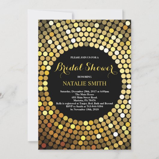 Zwarte en Gold Glitter Bridal Shower-uitnodiging Kaart (Voorkant)