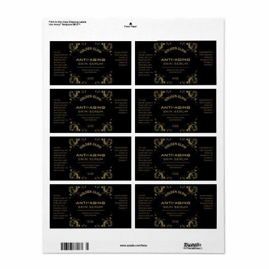 Zwarte en goud serumlabels etiket (Full Sheet)
