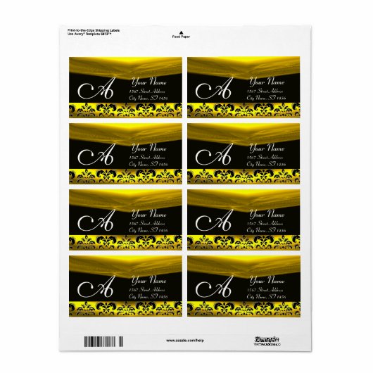 ZWARTE EN GOUDE DAMASKMONOGRAM ETIKET (Full Sheet)