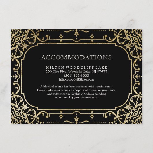 Zwarte en goudelegante bruiloft informatiekaartje (Voorkant)