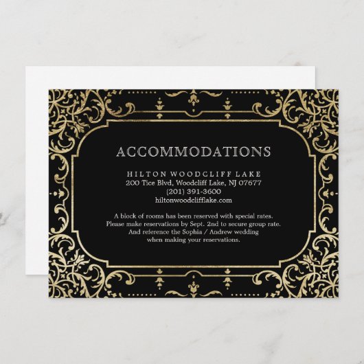 Zwarte en goudelegante bruiloft informatiekaartje (Voorkant / Achterkant)