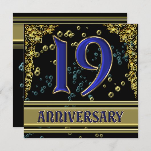 Zwarte en gouden 19de verjaardagsfeestje kaart (Voorkant / Achterkant)