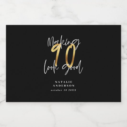 Zwarte en gouden 90e verjaardag likeurfles etiket (Enkel label)