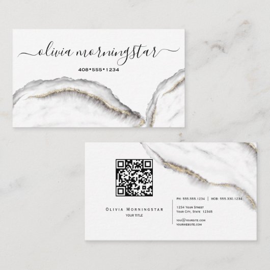 Zwarte en gouden agaat marmeren QR-code Visitekaartje (Voorkant / Achterkant)
