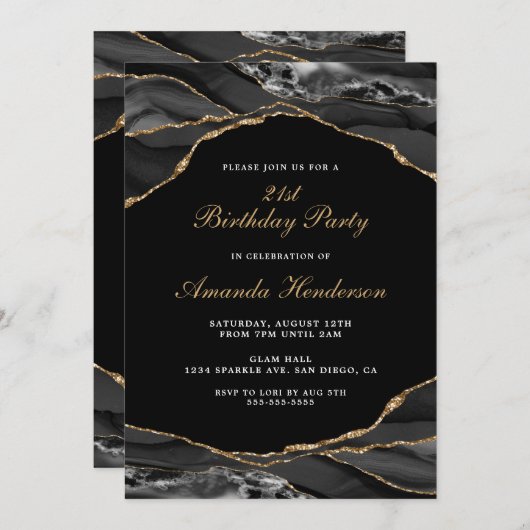 Zwarte en gouden agaat marmeren uitnodiging (Voorkant / Achterkant)