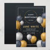 Zwarte en gouden ballon verjaardagskaart voor volw kaart (Voorkant / Achterkant)