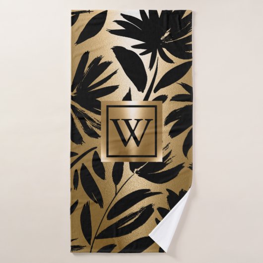 Zwarte en gouden bloemborstel bad handdoek (Badhanddoek)