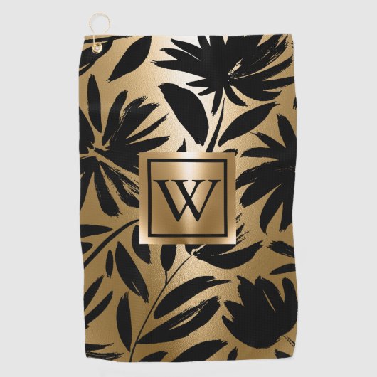 Zwarte en gouden bloemborstel golfhanddoek (Voorkant)