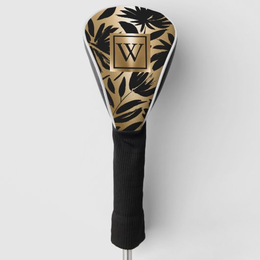 Zwarte en gouden bloemborstel golfheadcover (Voorkant)