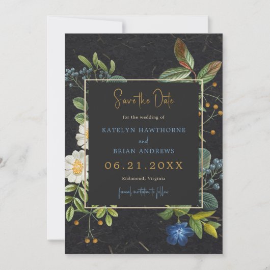 Zwarte en gouden bloemen Sla de datum op Save The Date (Voorkant)