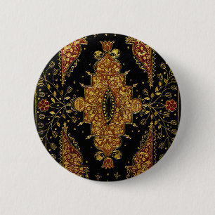 Zwarte en gouden bloemmotief ronde button 5,7 cm