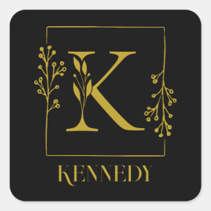 Zwarte en gouden botanische monogram Letter K Vierkante Sticker