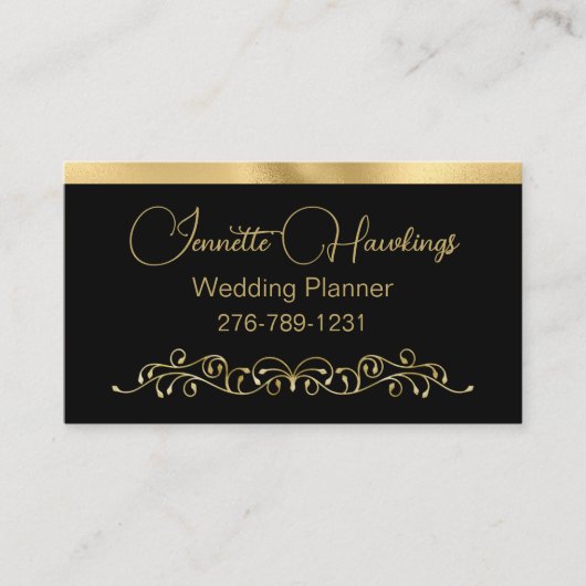 Zwarte en gouden bruinbruidsplanner visitekaartje (Voorkant)