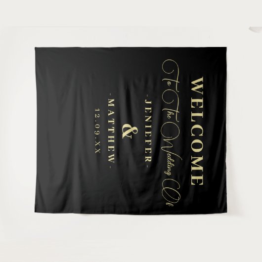 Zwarte en Gouden Calligrafie Huwelijks Verwelkomin Wandkleed (Voorkant (horizontaal))