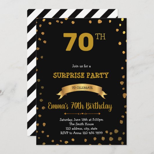 Zwarte en gouden confetti uitnodiging (Voorkant / Achterkant)