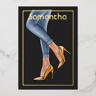 Zwarte en gouden denim Woman Birthday Party Folie  Folie Uitnodiging