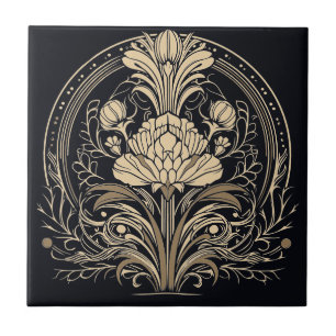 Zwarte en gouden elegante Floral Art Deco Tegeltje