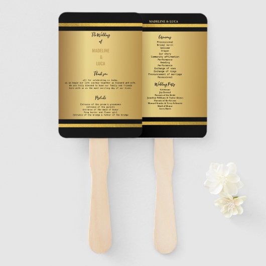 Zwarte en gouden elegante trouwprogramma's handwaaier (Voorkant en achterkant)