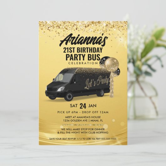 Zwarte en Gouden Feestbus Kaart (Staand voorkant)