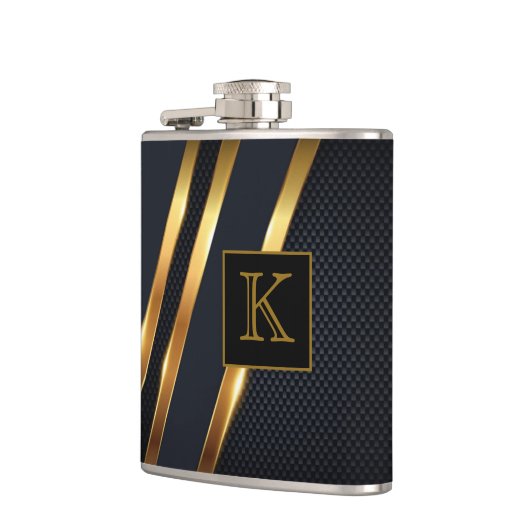 Zwarte en gouden gestreepte monogram gemerkt heupfles (Links)