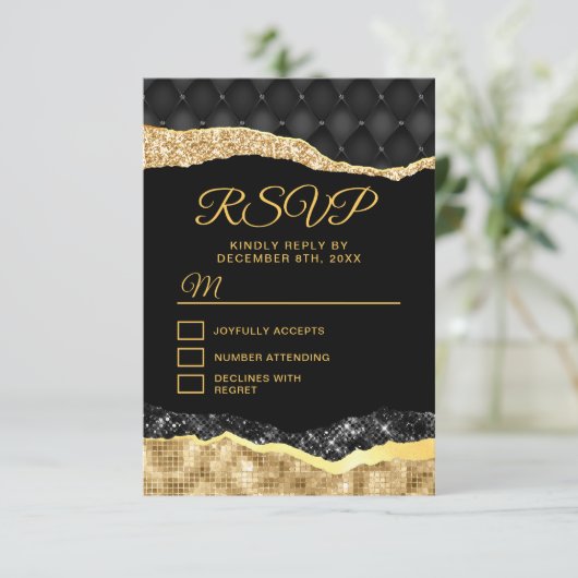 Zwarte en gouden glazen tranen zoete zestien RSVP kaartje (Staand voorkant)