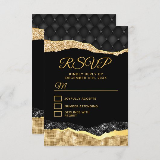 Zwarte en gouden glazen tranen zoete zestien RSVP kaartje (Voorkant / Achterkant)