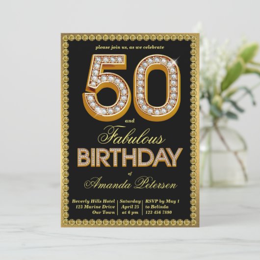 Zwarte en gouden glinsterende diamanten 50ste verj kaart (Staand voorkant)