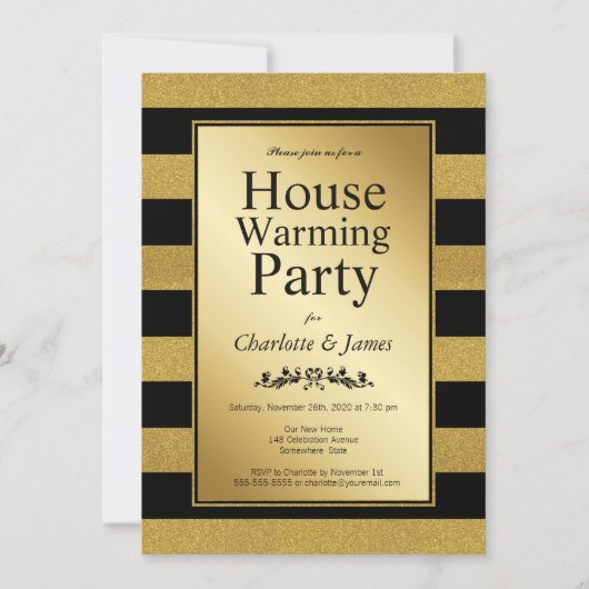 Zwarte en gouden glitter Striped Housewarming Part Kaart (Voorkant)