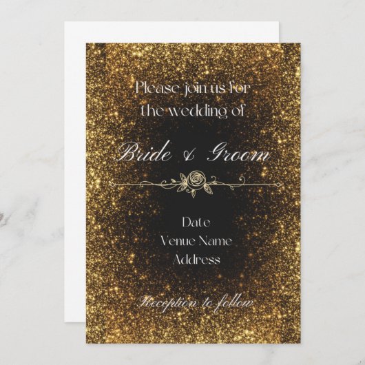 Zwarte en gouden glitters bruiloft uitnodiging (Voorkant / Achterkant)