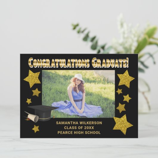 Zwarte en gouden glitterstrips Afstuderen Aankondiging (Staand voorkant)