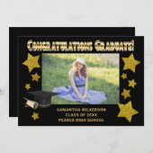 Zwarte en gouden glitterstrips Afstuderen Aankondiging (Voorkant / Achterkant)