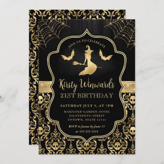 Zwarte en gouden heks en vleermuizen Damask 21ste Kaart (Voorkant / Achterkant)