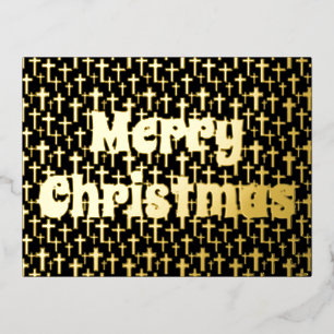 Zwarte en gouden kerst Jezus kruis elegant Folie Feestdagen Briefkaart