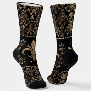 Zwarte en gouden luxe Fleur-de-lis decoratie Sokken