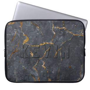 Zwarte en gouden luxe marmertextuur laptop sleeve