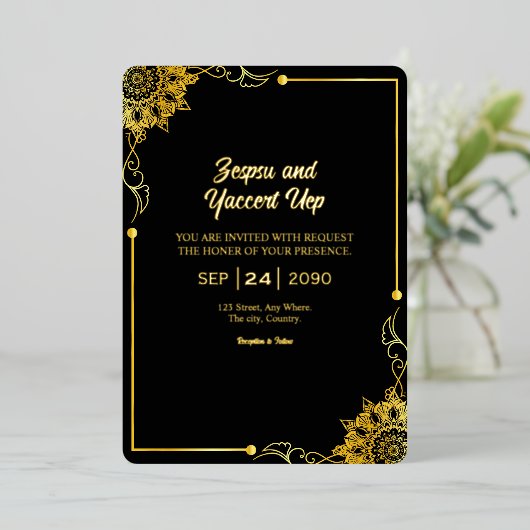 Zwarte en gouden luxe uitnodiging Gold Foil design (Staand Voorkant)