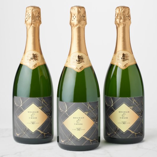 Zwarte en gouden marmer sparkling wijnetiket (Flessen)