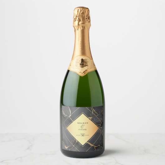 Zwarte en gouden marmer sparkling wijnetiket (Voorkant)