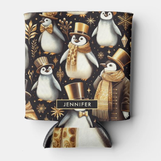 Zwarte en gouden pinguïn blikjeskoeler (Voorkant)