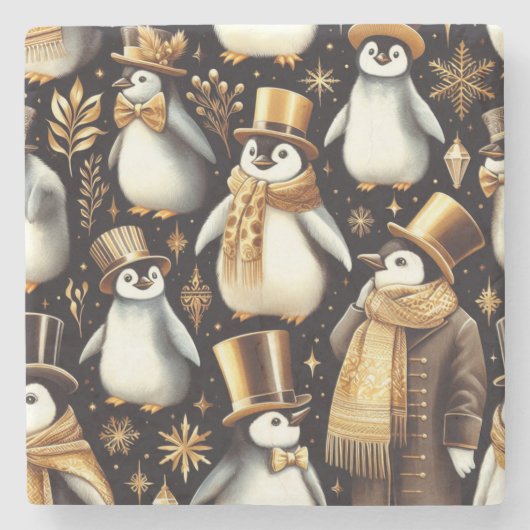 Zwarte en gouden pinguïn stenen onderzetter (Voorkant)