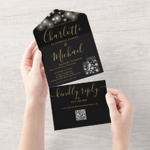 Zwarte en gouden QR-code metsonglazen lichten trou All In One Uitnodiging