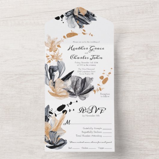 Zwarte en gouden rookbloemen all in one uitnodiging (Binnen)