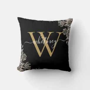 Zwarte en gouden rozen bloemendecor monogram schri kussen