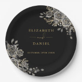 Zwarte En Gouden Rozen Bloemrijke Gotische Bruilof Papieren Bordje (Voorkant)