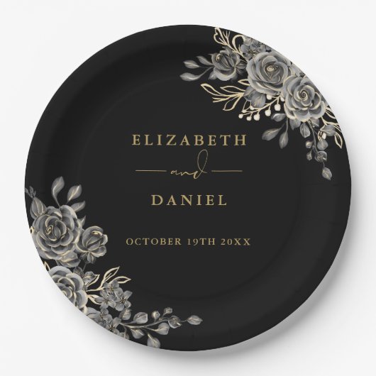 Zwarte En Gouden Rozen Bloemrijke Gotische Bruilof Papieren Bordje (Voorkant)