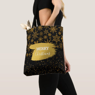 Zwarte en gouden snowflakes Stars Merry Kerstmis Draagtas