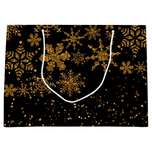 Zwarte en gouden snowflakes Stars Merry Kerstmis Groot Cadeauzakje (Voorkant)