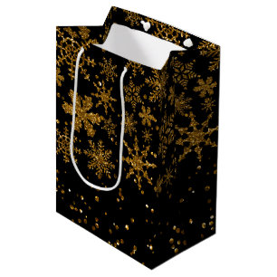 Zwarte en gouden snowflakes Stars Merry Kerstmis Medium Cadeauzakje