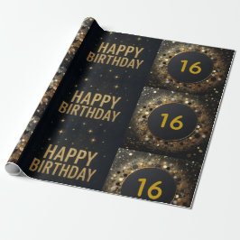 Zwarte en Gouden Sparkle Ballon Happy Birthday Cadeaupapier
